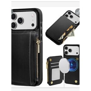 Delidigi iPhone 17 Pro Max Black Leather Wallet Zipper Pouch Card Holder MagSafe